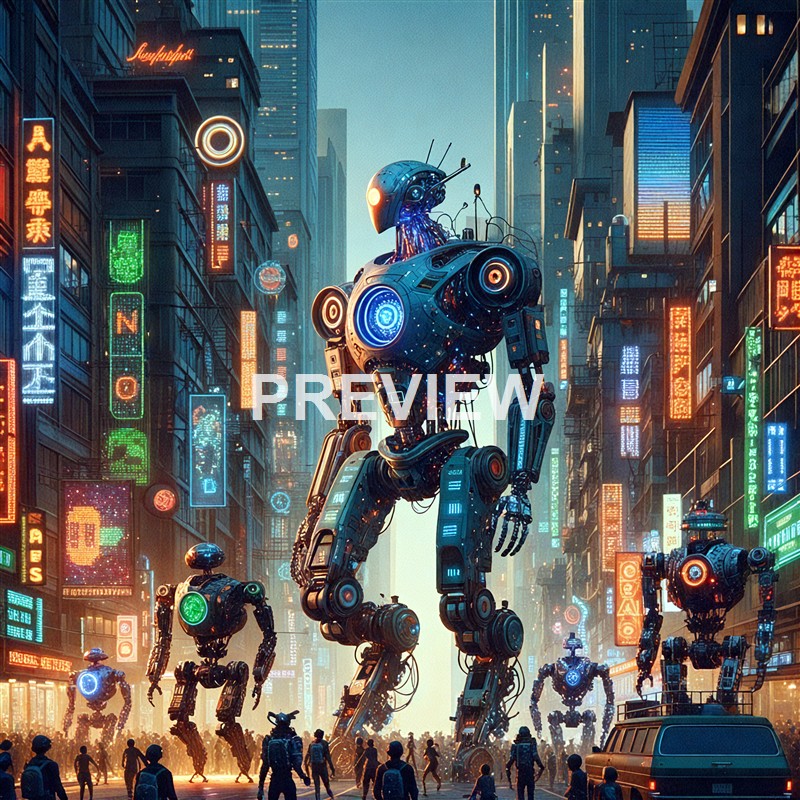 A futuristic city street filled with towering neon-lit signs and crowds of people, featuring several large, humanoid robots walking among the pedestrians, with the central robot being especially prominent and illuminated with blue and orange lights.